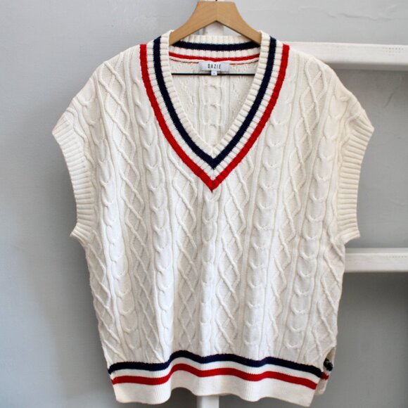 Dazie Cream Cable Knit Oversized Blue Red Trim V-Neck Varsity Sweater Vest sz 10 - Picture 1 of 6